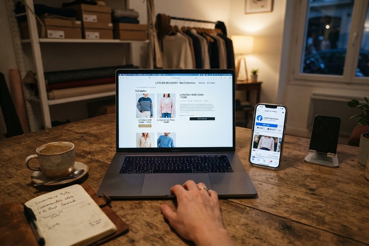 Ordinateur portable affichant une boutique en ligne de pulls, à côté d'un smartphone ouvert sur une Page Facebook