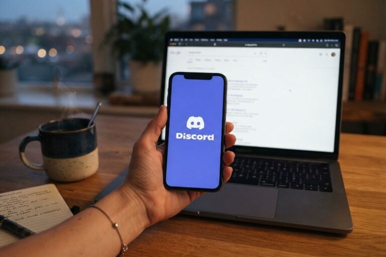 Main tenant un smartphone affichant le logo Discord devant un ordinateur portable ouvert sur une page de résultats de recherche