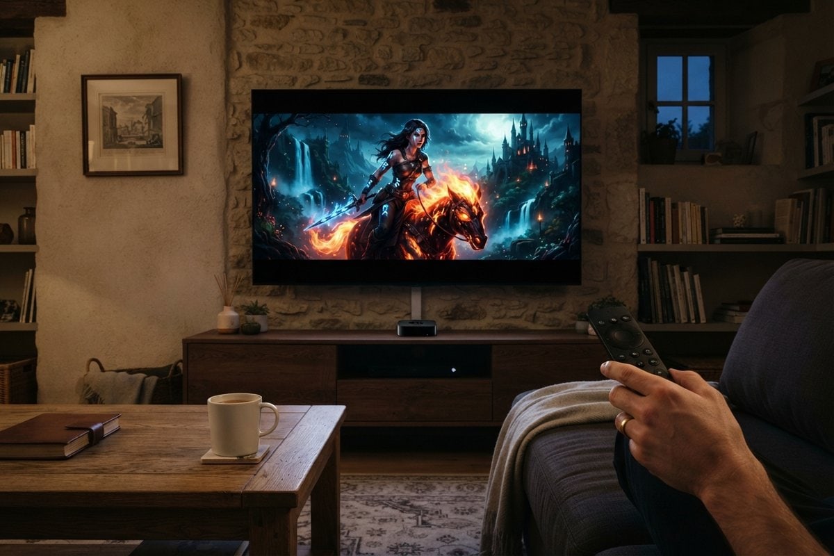 Un téléviseur mural affiche une scène de fantasy très contrastée dans un salon sombre, une main tenant une télécommande