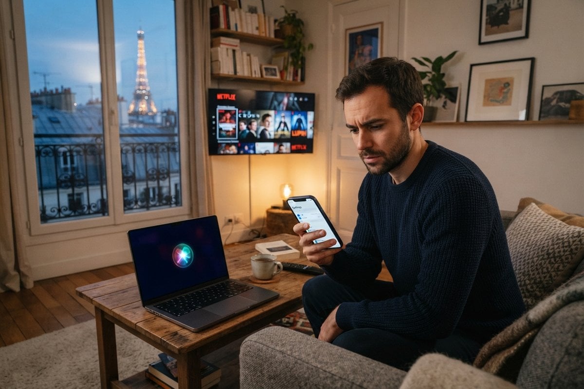 Homme perplexe sur un canapé face à son iPhone, un MacBook affichant Siri et une télévision sur Netflix, tour Eiffel au loin
