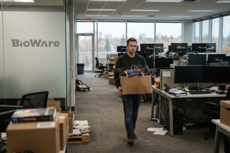 Un employé traverse un open space vidé, un carton dans les bras, près d'une cloison vitrée marquée BioWare
