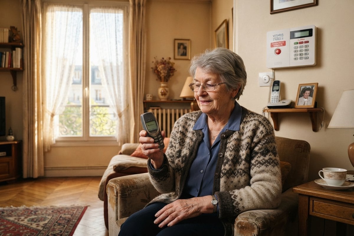 Femme âgée dans son salon tenant un vieux téléphone portable, un boîtier d'alarme blanc fixé au mur derrière elle