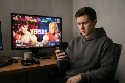 Joueur inquiet consultant son smartphone devant un écran affichant un duel entre Ryu et Ken