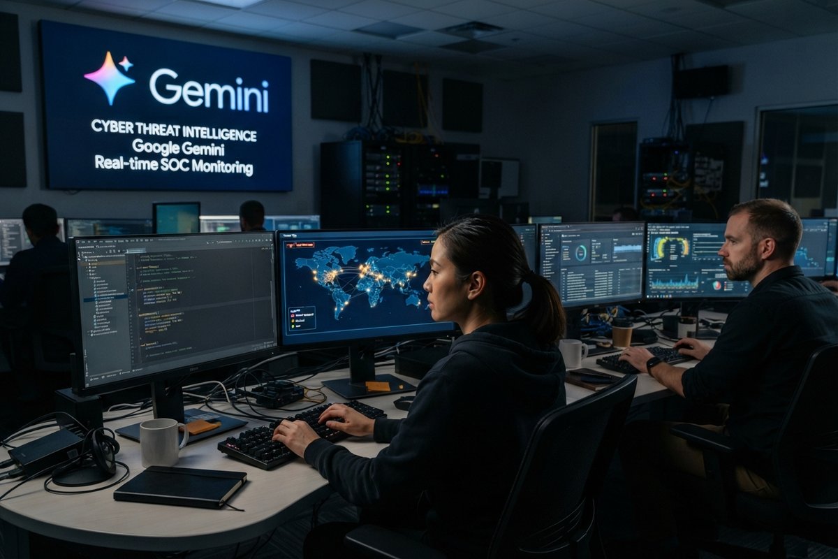 Centre de cybersécurité où deux analystes surveillent des écrans de code, sous un grand écran affichant le logo Gemini