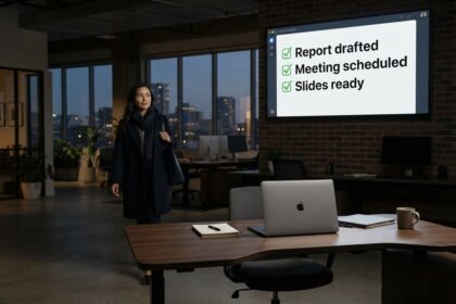 Femme quittant un open space le soir devant un écran mural listant trois tâches cochées, un ordinateur portable sur le bureau