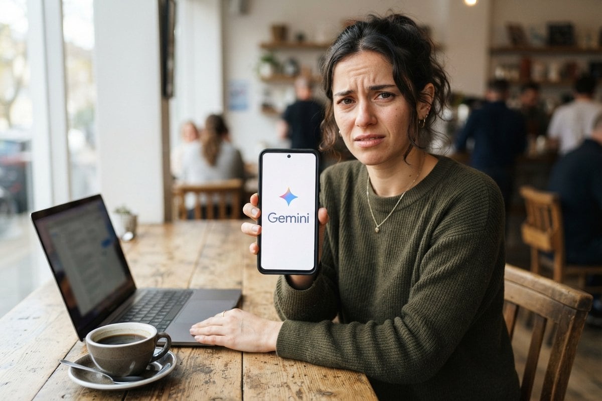 Une femme perplexe montre un smartphone affichant le logo Gemini, assise à une table de café près d'un ordinateur portable