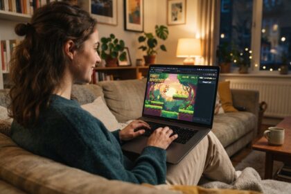 Jeune femme sur un canapé, un ordinateur portable sur les genoux affichant un jeu de plateforme avec un renard