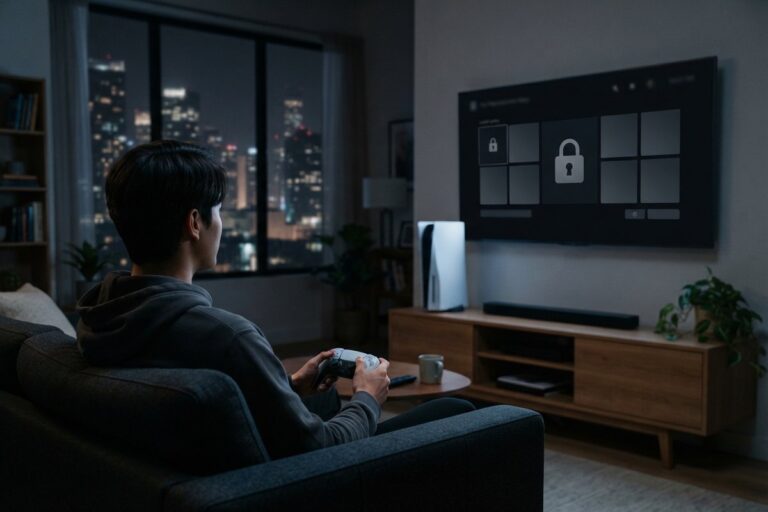 Joueur sur un canapé, manette en main, face à une télévision affichant un menu de jeux verrouillé par un cadenas