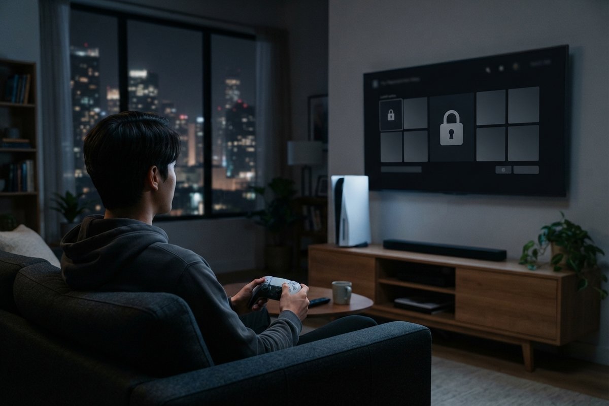 Joueur sur un canapé, manette en main, face à une télévision affichant un menu de jeux verrouillé par un cadenas
