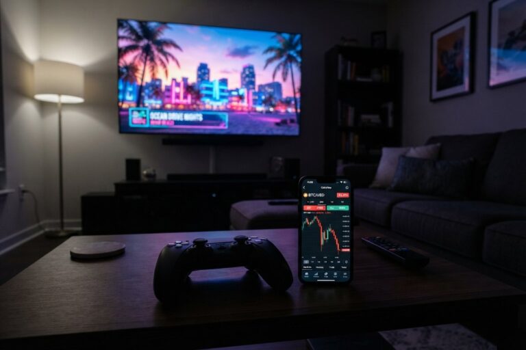 Salon de nuit avec une manette de console et un smartphone affichant un graphique boursier en chute devant un téléviseur