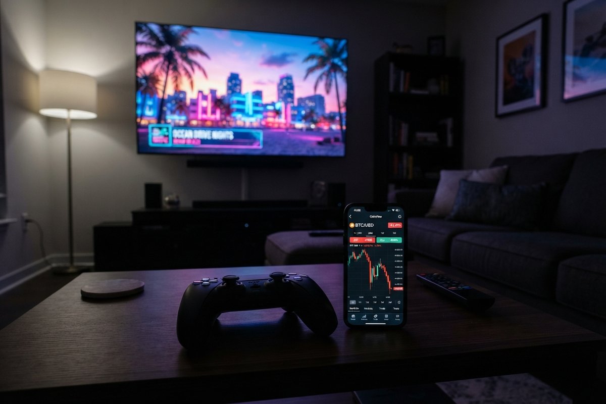 Salon de nuit avec une manette de console et un smartphone affichant un graphique boursier en chute devant un téléviseur