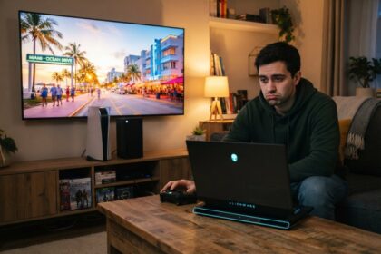 Jeune homme déçu devant un PC portable, une PS5 et une Xbox Series X sous un téléviseur montrant Ocean Drive à Miami