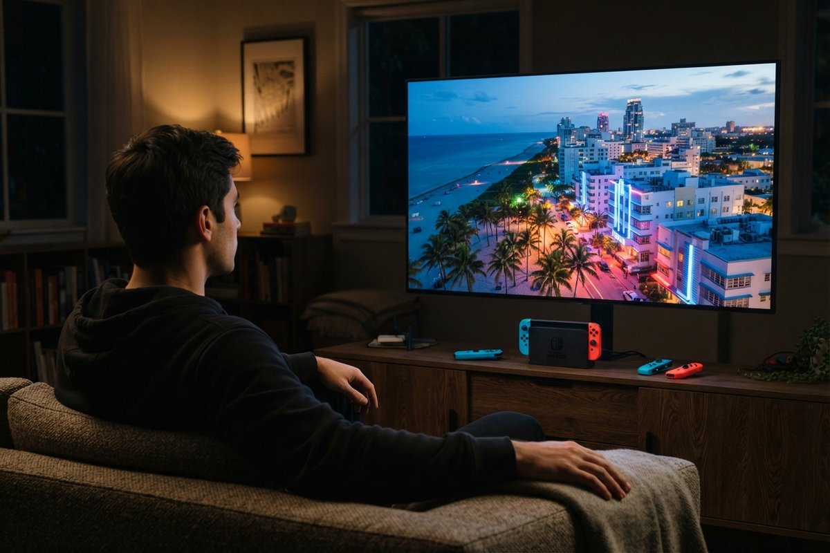 Homme sur un canapé face à une télévision montrant une ville côtière illuminée, une Switch 2 posée sur son dock