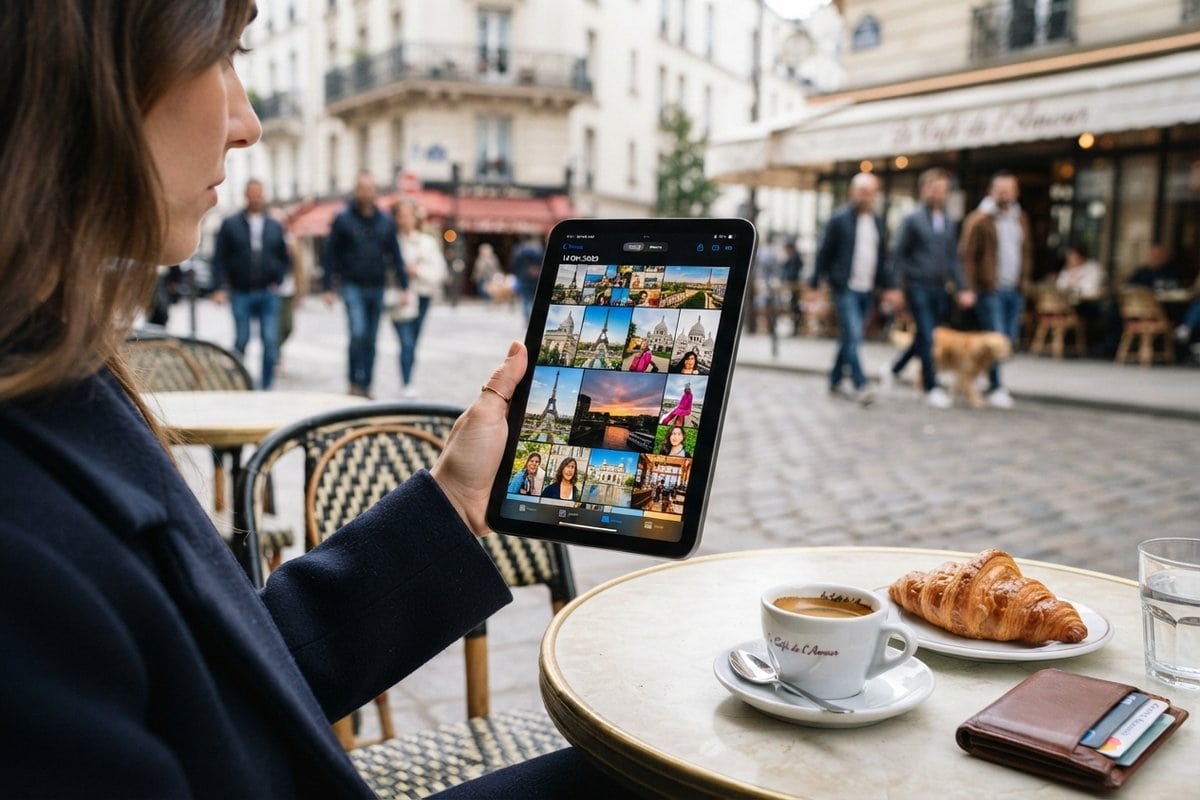Femme tenant un iPad mini affichant une galerie de photos à la terrasse d'un café parisien, avec croissant et expresso