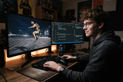 Jeune moddeur souriant devant deux écrans : un soldat en skateboard sur un tarmac et un éditeur de code
