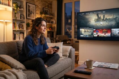 Une femme joue à la manette sur un canapé devant un téléviseur affichant l'onglet Jeux de Prime Video