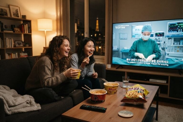 Deux amies mangent des ramens devant une série médicale coréenne sous-titrée, la tour Eiffel par la fenêtre.