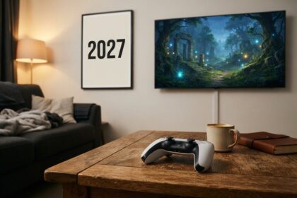 Une manette DualSense sur une table basse, un cadre affichant 2027 et une télévision montrant une forêt mystique en ruines.