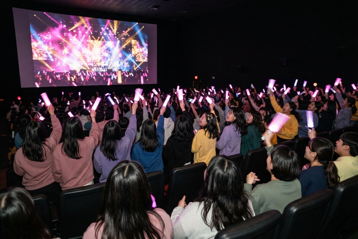 Salle de cinéma comble, spectateurs brandissant des bâtons lumineux roses devant un écran aux lumières de concert