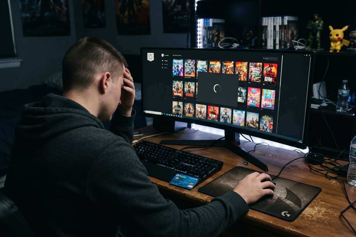 Joueur la main sur le front devant un écran affichant le launcher Epic Games bloqué sur un chargement