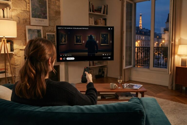 Une femme sur un canapé regarde à la télévision une scène de cambriolage dans un musée, la tour Eiffel par la fenêtre.