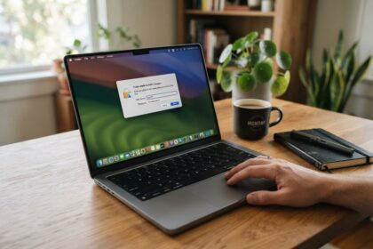 MacBook ouvert sur un bureau en bois, une fenêtre d'autorisation avec un cadenas à l'écran, une main près du pavé tactile