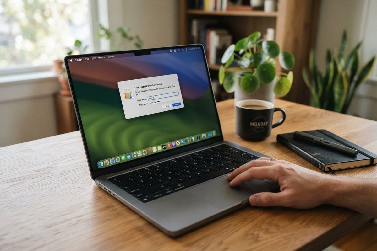 MacBook ouvert sur un bureau en bois, une fenêtre d'autorisation avec un cadenas à l'écran, une main près du pavé tactile