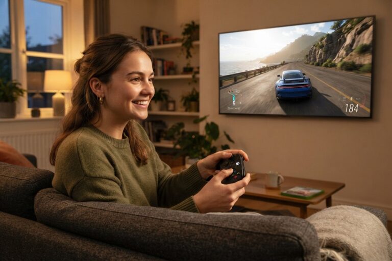 Une jeune femme sur un canapé tient une petite manette Xbox noire devant un jeu de course affiché sur un téléviseur