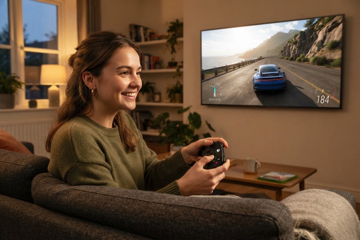 Une jeune femme sur un canapé tient une petite manette Xbox noire devant un jeu de course affiché sur un téléviseur