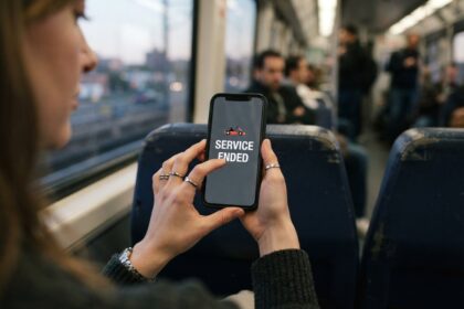 Mains tenant un smartphone affichant « Service ended » et une icône de kart, dans un train de banlieue