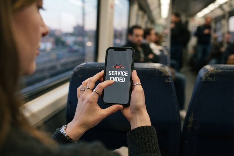 Mains tenant un smartphone affichant « Service ended » et une icône de kart, dans un train de banlieue