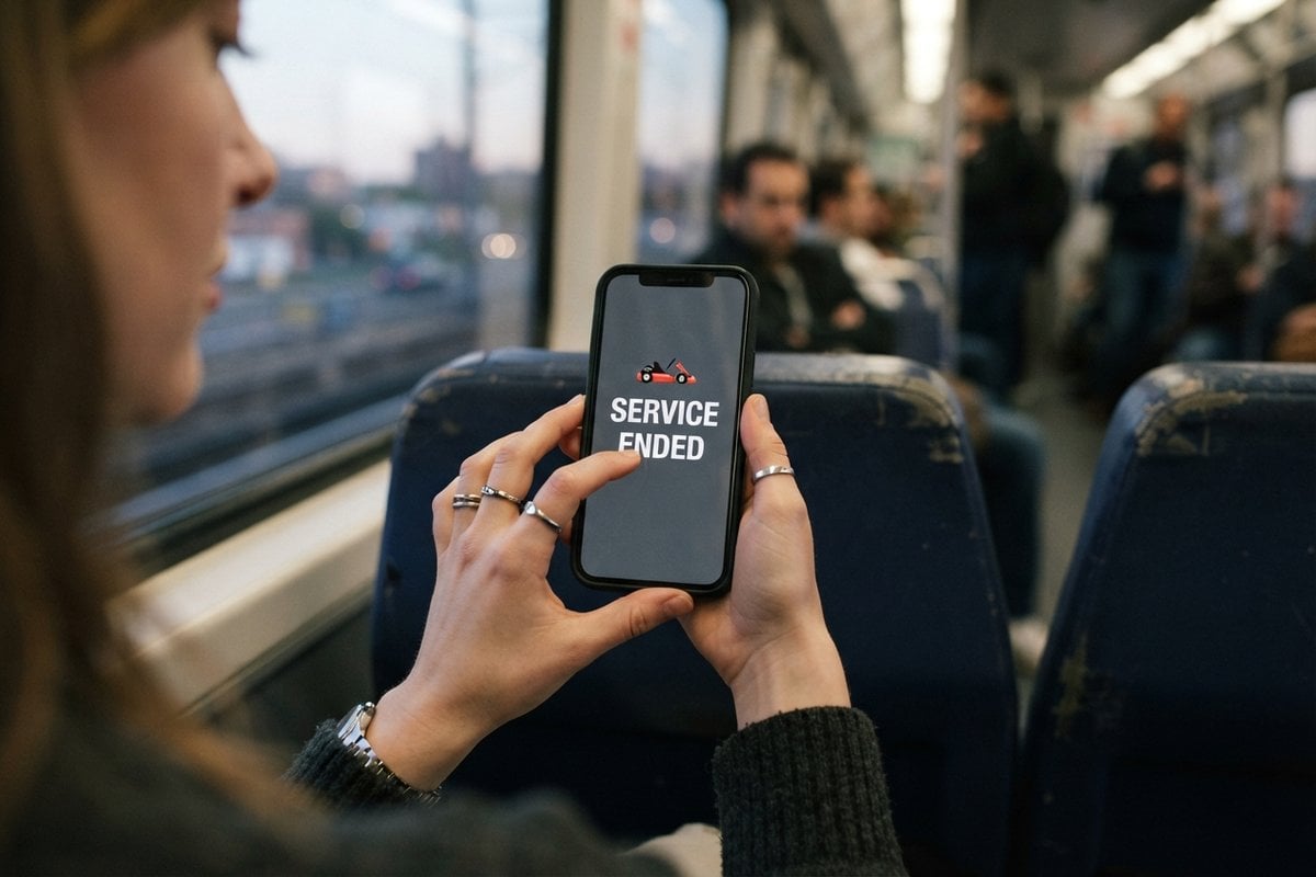 Mains tenant un smartphone affichant « Service ended » et une icône de kart, dans un train de banlieue