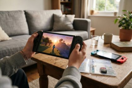 Mains tenant une Switch 2 affichant Minecraft, près d'une première Switch et d'une cartouche dans son boîtier