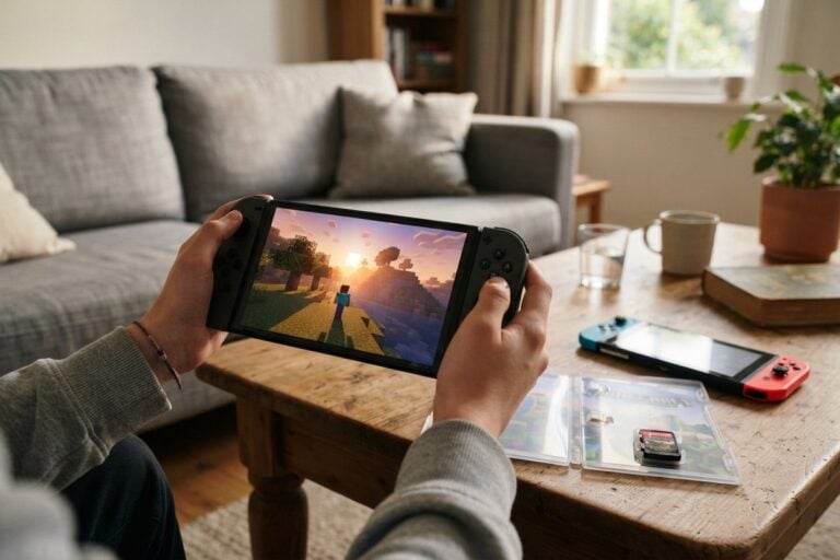 Mains tenant une Switch 2 affichant Minecraft, près d'une première Switch et d'une cartouche dans son boîtier