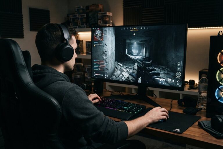 Joueur casqué de dos devant un écran PC affichant un jeu de tir à la première personne dans un couloir en ruine