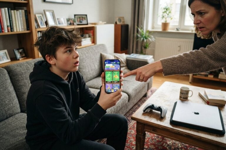 Adolescent sur un canapé montrant la boutique d'un jeu mobile sur son smartphone, sa mère pointant l'écran du doigt