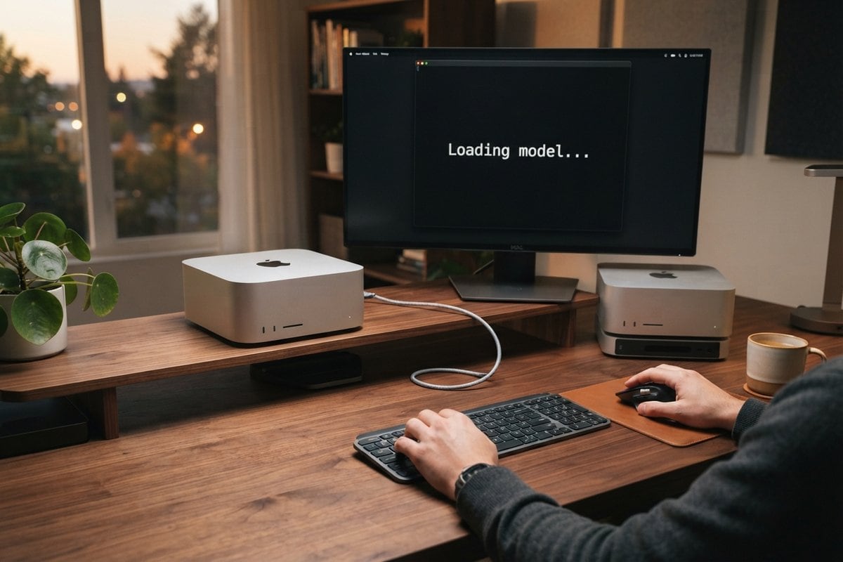 Deux Mac Studio d'Apple reliés par un câble sur un bureau, un écran affiche Loading model...