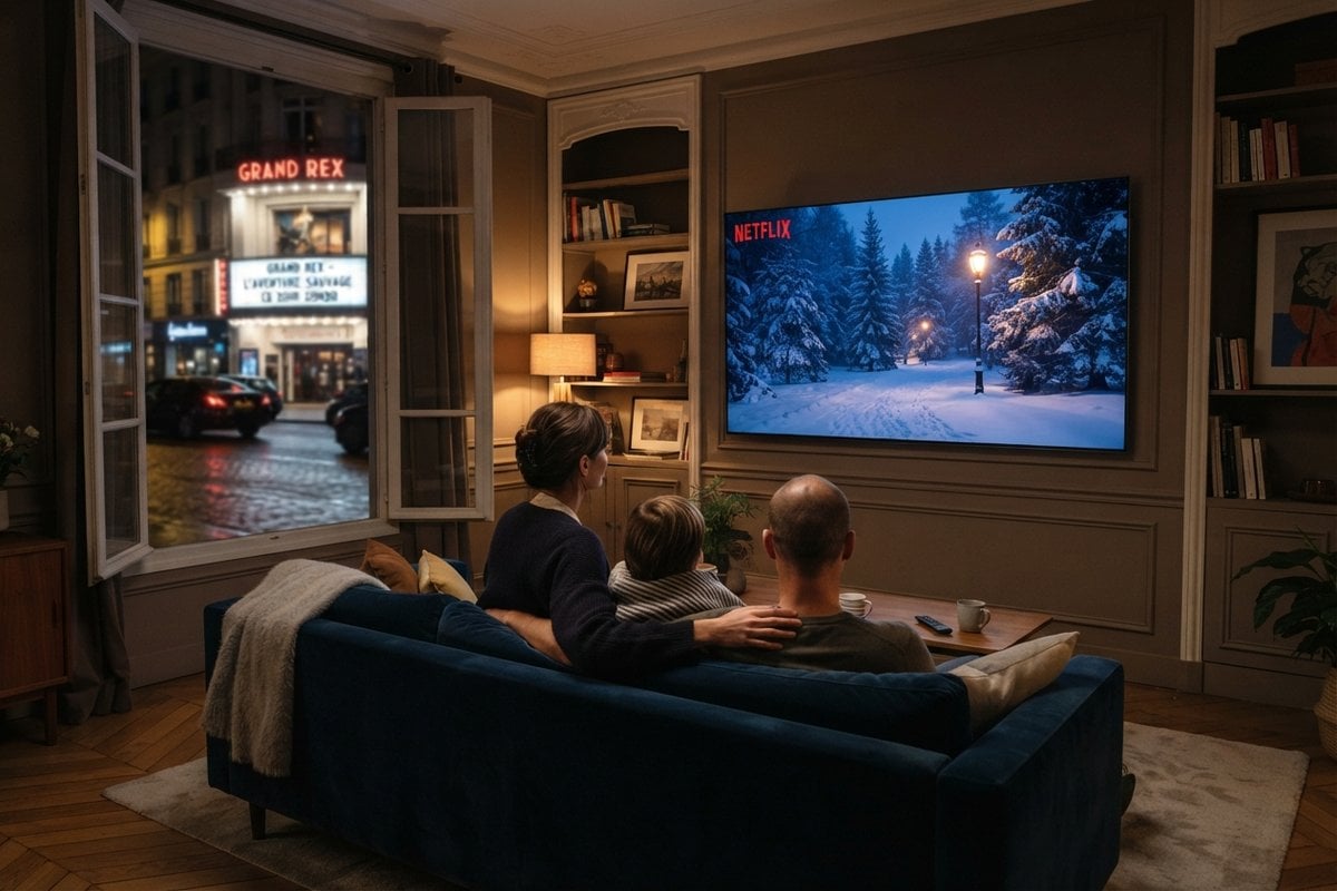 Famille sur un canapé devant une télévision affichant Netflix et une forêt enneigée, un cinéma illuminé visible par la fenêtre