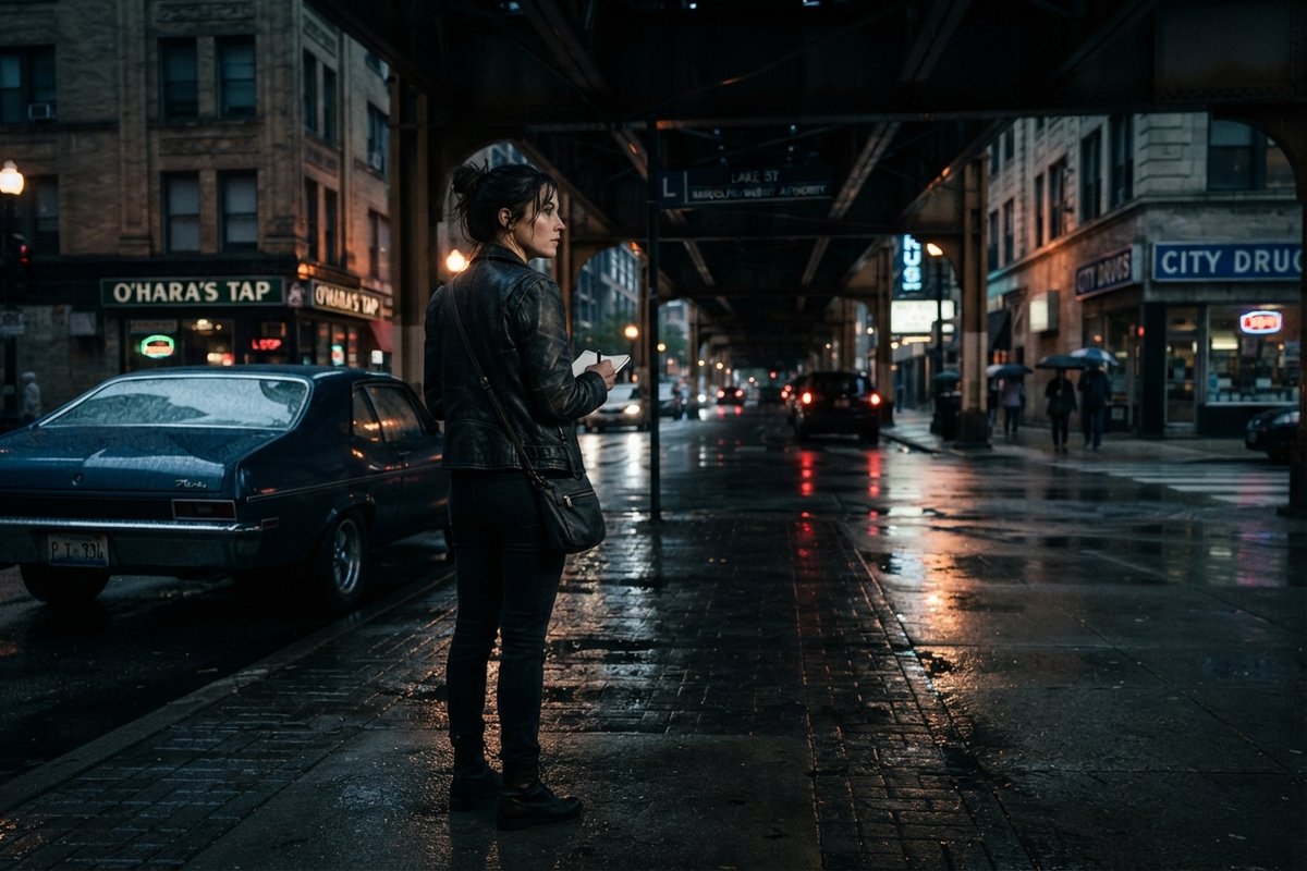 Femme en blouson de cuir debout sur un trottoir mouillé de Chicago, sous le métro aérien, de nuit, un carnet à la main