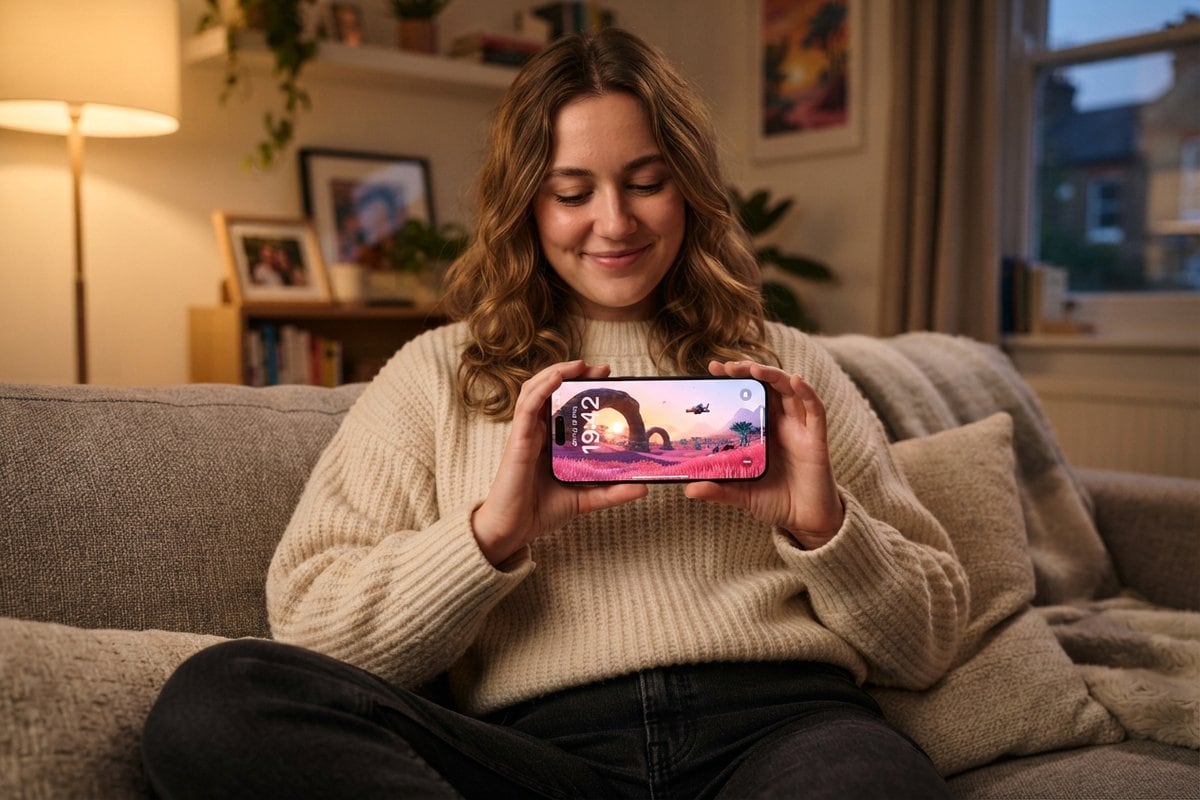 Une jeune femme sur un canapé tient un iPhone à l'horizontale, l'écran montrant une planète extraterrestre aux herbes roses
