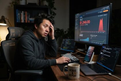 Un développeur se tient le front devant un écran affichant une facture de 1 240 dollars et un pic de consommation