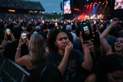 Spectatrice contrariée dans la foule d'un concert en stade, tenant un smartphone qui peine à publier une vidéo