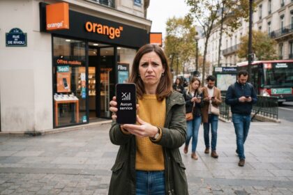Femme montrant un smartphone affichant Aucun service devant une boutique Orange, dans une rue de Paris