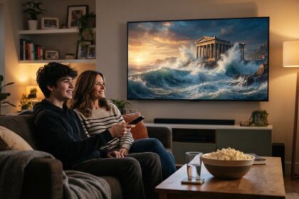Un adolescent et sa mère regardent sur leur téléviseur des vagues déchaînées frappant un temple grec au coucher du soleil.