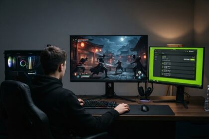 Joueur de dos devant un écran affichant un combat au sabre de nuit et un second écran ouvert sur une liste de pilotes