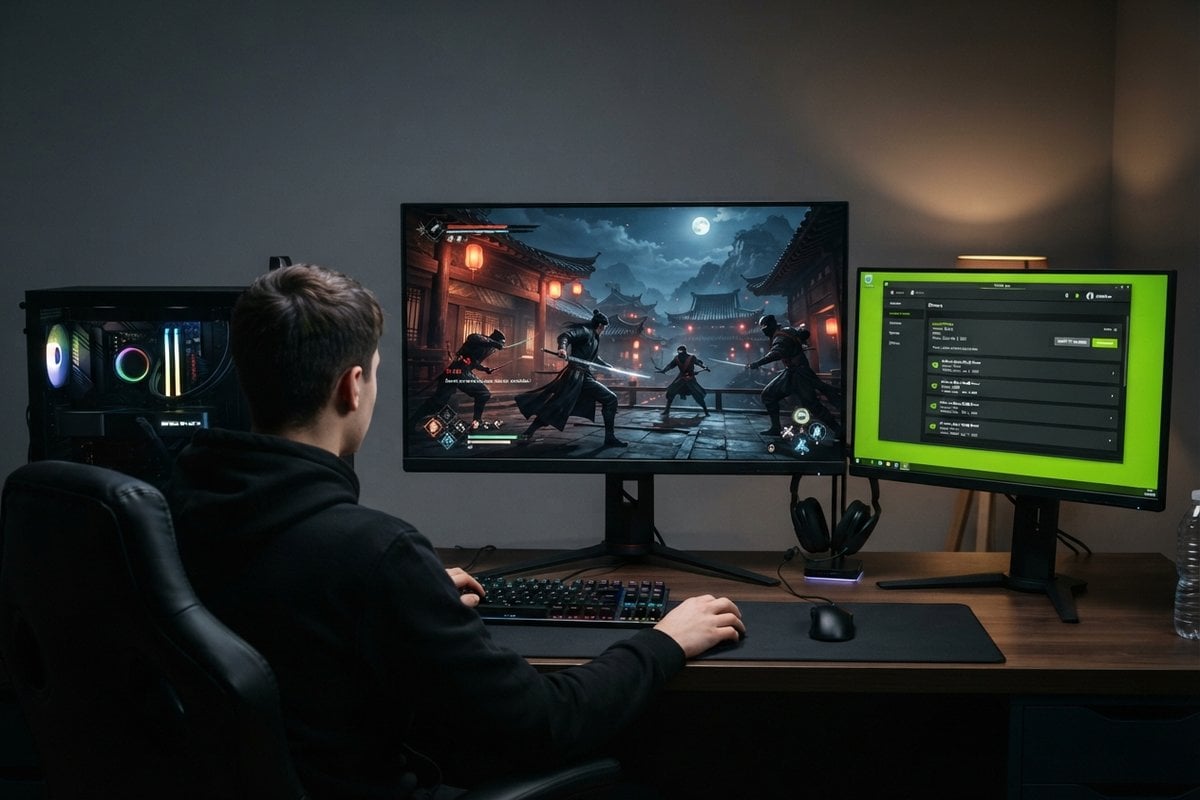 Joueur de dos devant un écran affichant un combat au sabre de nuit et un second écran ouvert sur une liste de pilotes