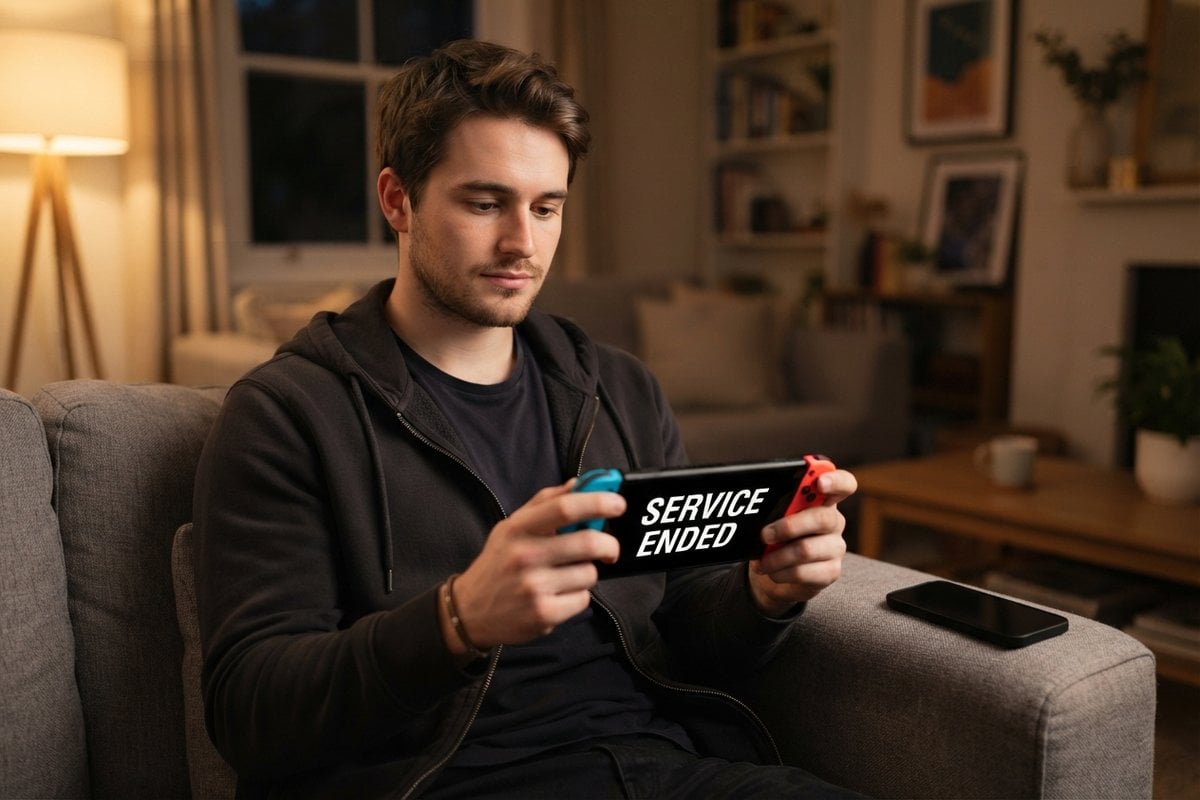 Un jeune homme sur un canapé tient une Nintendo Switch affichant les mots SERVICE ENDED, un smartphone posé sur l'accoudoir