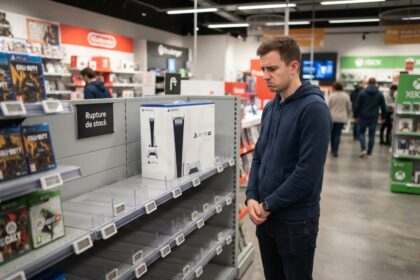 Rayon de jeux vidéo presque vide avec une boîte de PS5 et un panneau Rupture de stock, face à un client dépité