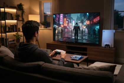 Un joueur sur un canapé, manette en main, devant un téléviseur affichant une rue néon pluvieuse, une PS5 posée à côté