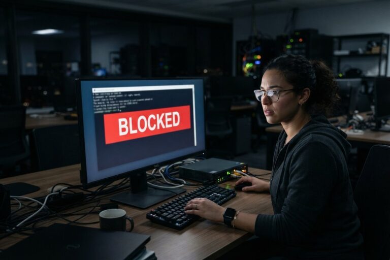 Une femme à lunettes devant un écran affichant un bandeau rouge BLOCKED, un petit serveur câblé posé sur le bureau